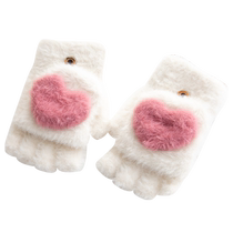 Gloves childrens winter girls velvet thickened flip-top anti-cold student writing cute girls half-finger five-finger gloves