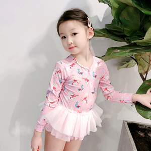 儿童泳衣女女童连体长袖防晒小公主纱裙泳衣ins可爱宝宝小童泳装领天猫淘宝优惠券可省5元