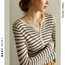 Vera mousse wool striped knitwear autumn 2021 New slim Joker simple V collar base shirt Women