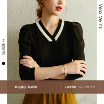 French V-neck bubble sleeve knit shirt 2020 Autumn New loose retro age reduction age color seven-point sleeve women