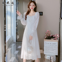 Spring white chiffon dress dress womens spring and autumn clothes 2021 New Super fairy temperament waist long skirt