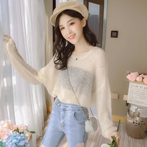 Thin loose knit sweater blouse 2021 early autumn new womens womens hollow retro lazy short top