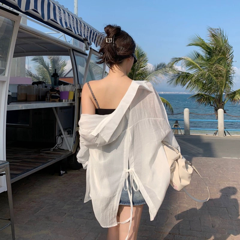 Plus-Size Thin Sun-Protective Shirt Jacket for Women with a Unique Design, Back Slit, Tie-Up, French-Style Chic Shirt Top