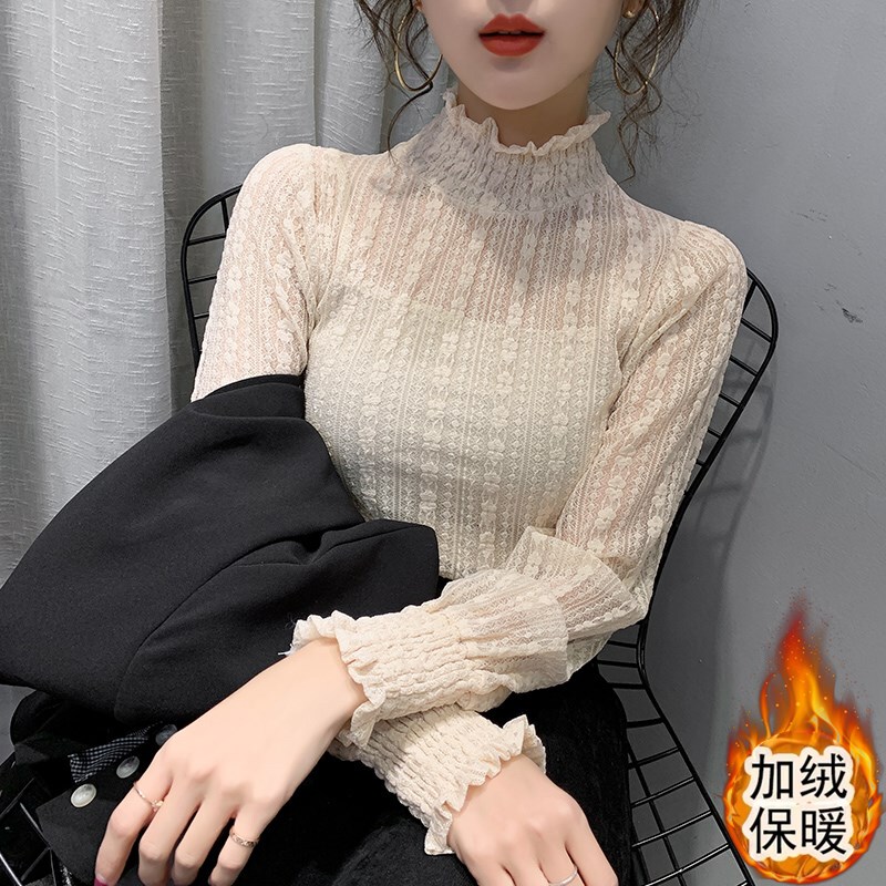 Plus Size High-Neck Lace Base Shirt for Women, New Autumn and Winter Style, Super Fairy-Like Mesh Long-Sleeve, Fleece-Lined and Thickened Top Plus Size High-Neck Lace Base Shirt for Women, New Autumn and Winter Style, Super Fairy-Like Mesh Long-Sleeve, Fleece-Lined and Thickened Top