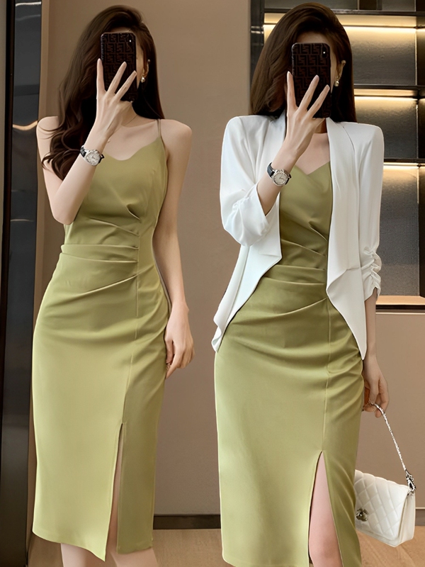Suit with Suspender Dress Two-Piece Set for Women, Spring and Summer, Petite Casual Jacket, Acetate Satin Thin Suit Set