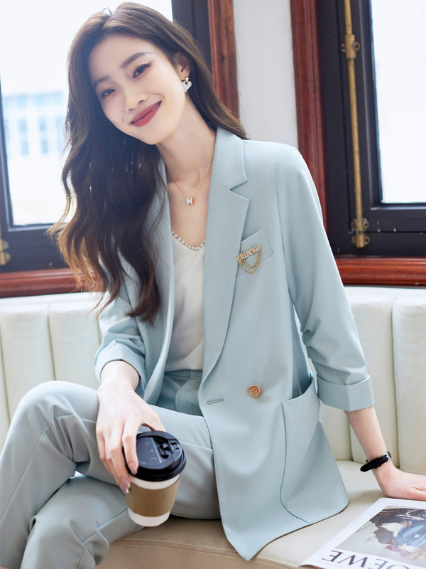 Light Blue Blazer for Women, Summer Three-Quarter Sleeves, Thin Style, 2026 New Casual High-End Street Style Suit Set