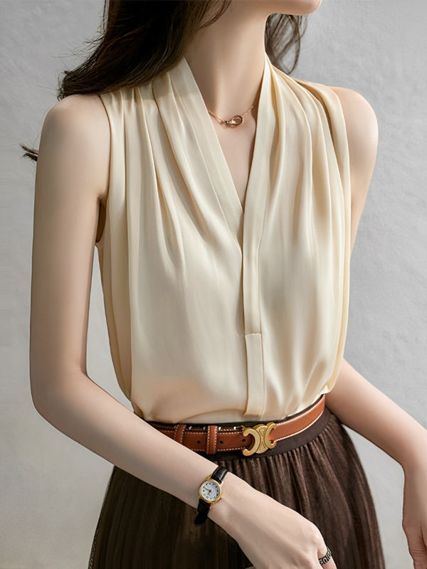 Sleeveless Vest Shirt for Women, Summer 2026 New High-End Blouse, Elegant Top, Chiffon Acetate V-Neck Shirt