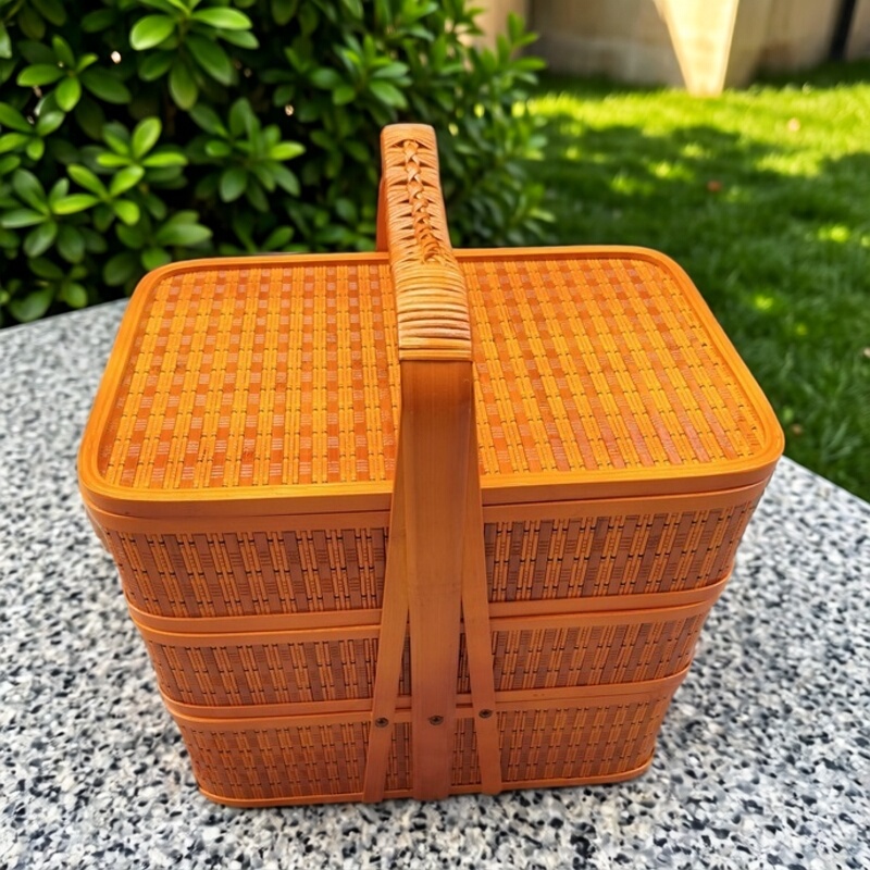 Bamboo Baskets in Various Styles for Hotel Use, Take-Out Food Boxes, Three-Layer Baskets for Offering, Traditional Chinese Fruit Baskets, Bamboo Baskets with Handles