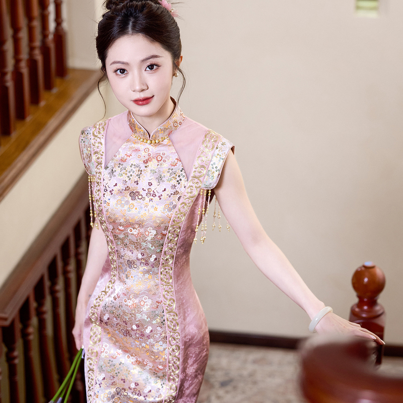 [Heavy Craftsmanship] Pink High-End Elegant Toasting Dress Cheongsam Engagement Dress Bride Wedding Dress New Chinese Style Youthful