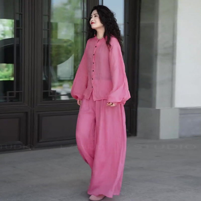 2024 Women's Summer Dopamine Outfit New Chinese Style Rose Pink Pure Cotton Shirt and Wide-Leg Pants Two-Piece Set