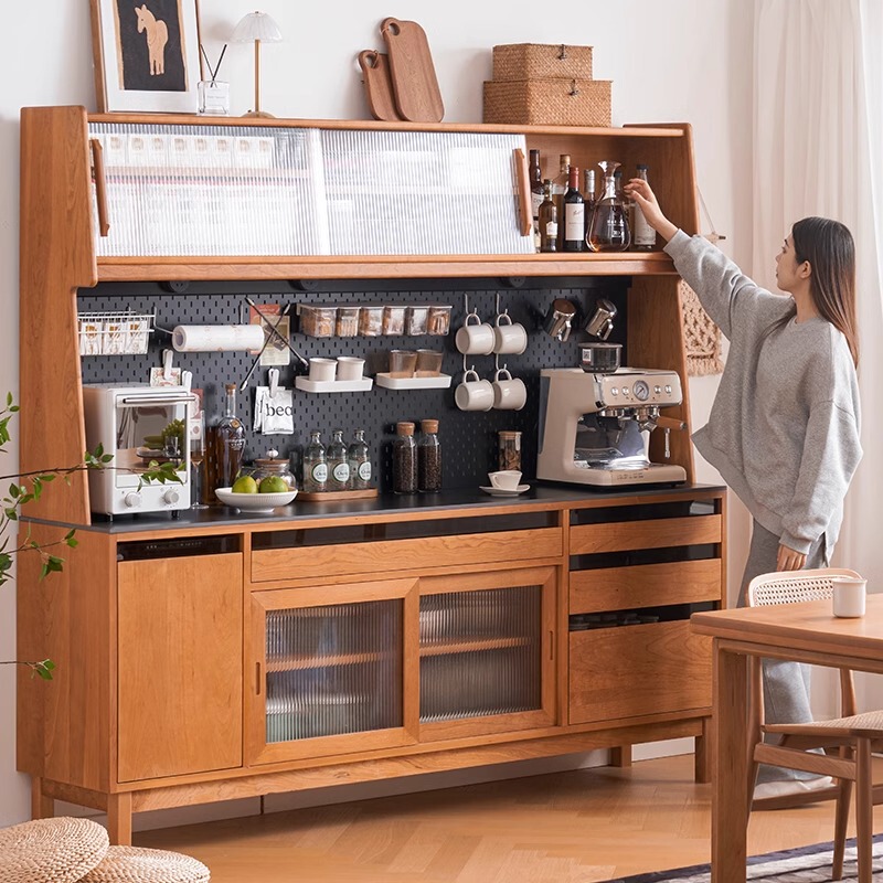 Nordic Solid Wood Sideboard Multifunctional Dining Room Wall-Mounted Integrated Storage Cabinet Simple Cherry Wood Slate High Cabinet