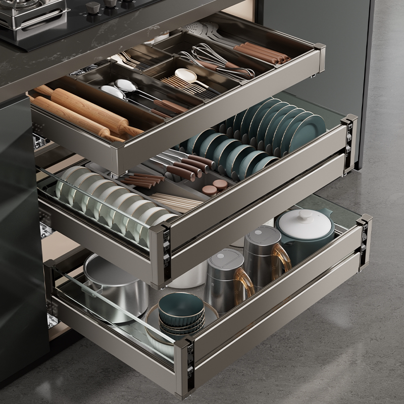 Gold Medal Kitchen Cabinet Pull-Out Basket, Space Aluminum Tempered Glass Pull-Out Cupboard, Double-Layer Dish Rack, Three-Layer Drawer Type
