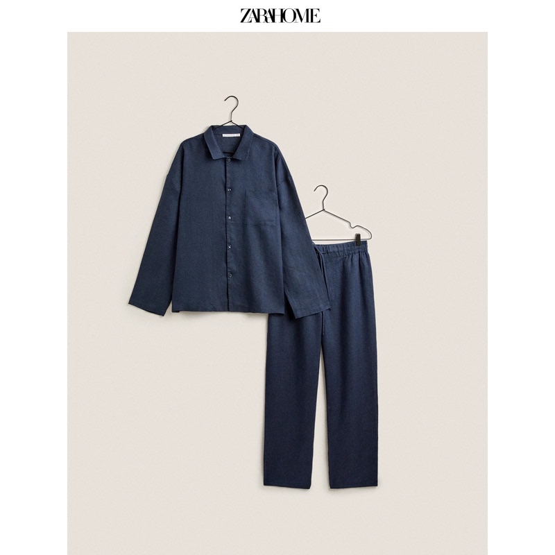 Zara Home Navy Blue Simple Solid Color Linen Long-Sleeved Shirt and Pants Loungewear Set 47148000401 Zara Home Navy Blue Simple Solid Color Linen Long-Sleeved Shirt and Pants Loungewear Set 47148000401