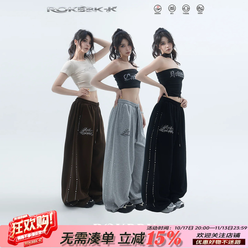 ROKBBK-K American Hip-Hop Style Rhinestone Side Loose Wide-Leg Pants Women's Street Casual Sports Trousers ROKBBK-K American Hip-Hop Style Rhinestone Side Loose Wide-Leg Pants Women's Street Casual Sports Trousers