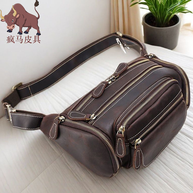 2025 New Men's Leather Multifunctional Waist Bag Genuine Leather Large Capacity Chest Bag Crossbody Bag Retro Chest Hanging Shoulder Bag