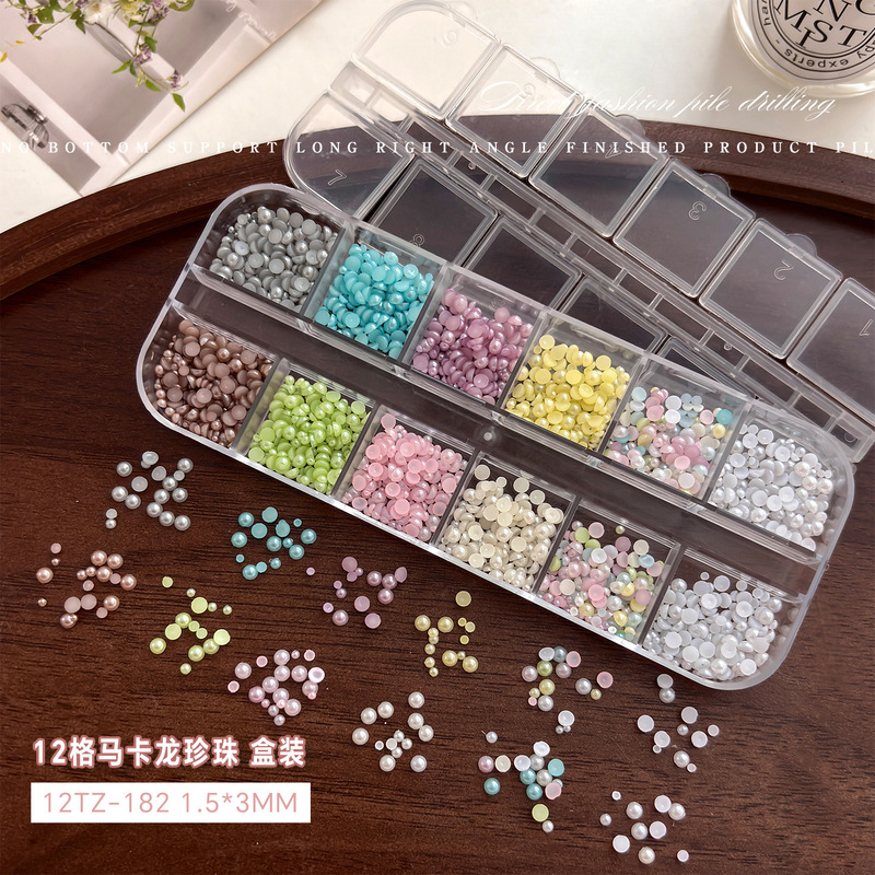 12-Grid Semi-Circle Pearl Nail Art Decorations ins New Style Macaron Color Flat-Bottomed Small Pearls DIY Wearable Nail Decoration