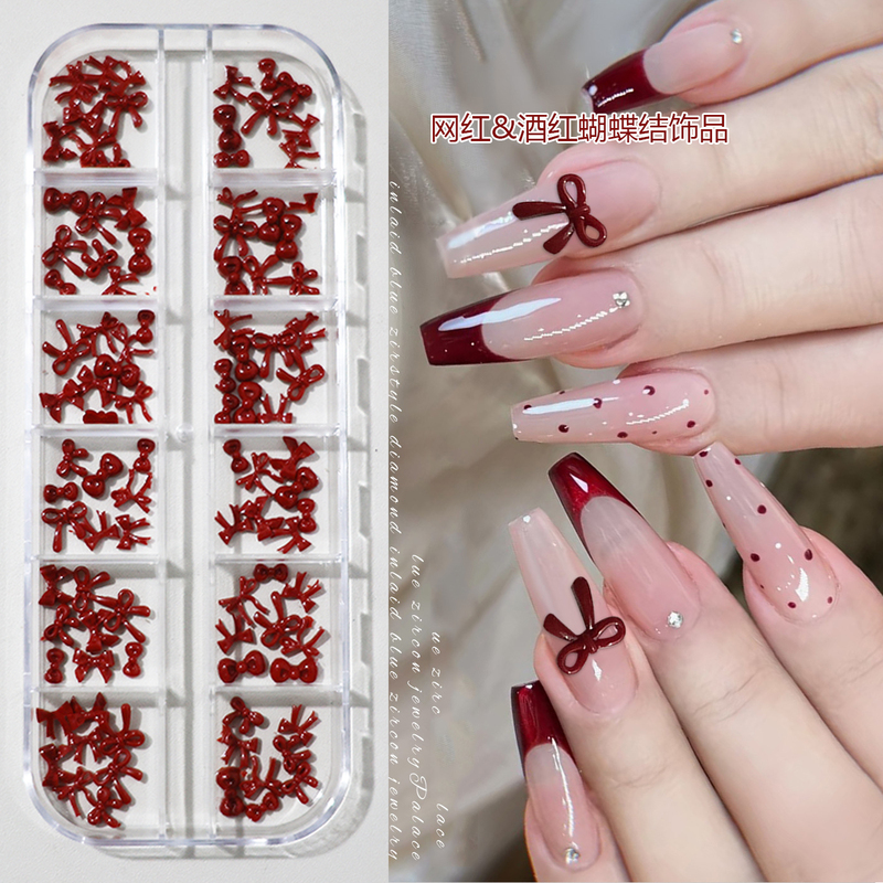 Ankora Red Bow Nail Art Accessories New Year Burgundy Three-Dimensional Resin Bow Tie Wearable Nail Rhinestone Small Accessories