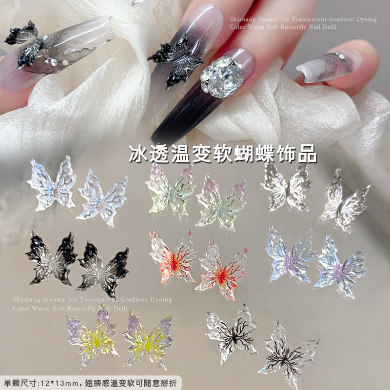 Ice-Clear Temperature-Sensitive Soft Butterfly Nail Art Accessories New Three-Dimensional Gradient Colorful Black and White Butterfly Wearable Nail Resin Rhinestones Ice-Clear Temperature-Sensitive Soft Butterfly Nail Art Accessories New Three-Dimensional Gradient Colorful Black and White Butterfly Wearable Nail Resin Rhinestones