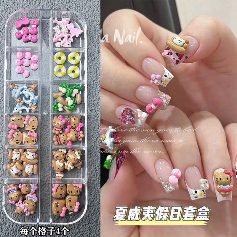 Hellokitty Nail Art Accessories Hot Girl Black Leather Kitty Cat Bow Accessories Hawaiian Style Wearable Nail Accessories