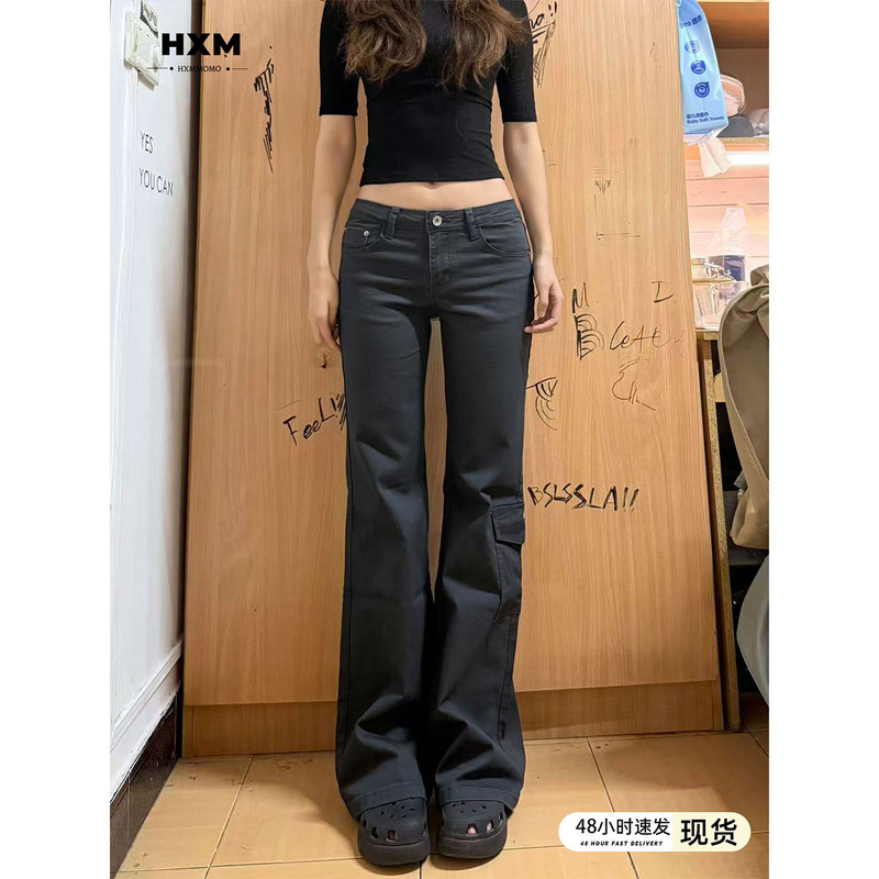 Black and Gray Workwear Flared Jeans for Women, 2026 Spring New American Style, Slim Fit, Low-Waist Bell-Bottom Pants
