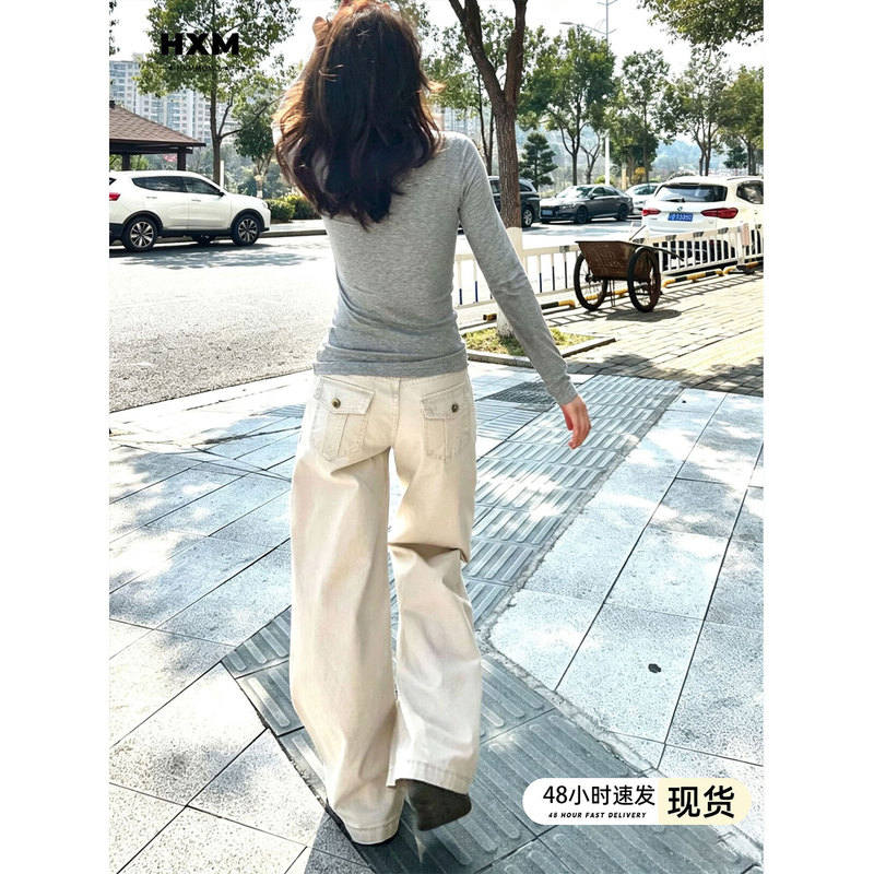 American-Style Light Apricot Wide-Leg Jeans for Petite Women, 2026 New Low-Rise Loose Drape Floor-Length Straight Pants