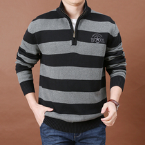 2021 autumn and winter thick striped sweater men fat big size loose casual stand collar half zipper knit sweater tide