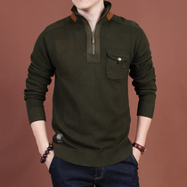 Men plus velvet plus size stand neck loose sweater mens 2021 Winter fashion pocket wash cotton knitted shirt tide