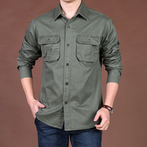 Autumn loose long-sleeved shirt mens business fashion casual large size multi-bag washed cotton tooling shirt mens tide