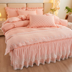 Bedding 100% Pure Cotton Quilted Princess Style Fitted Sheet Bed Skirt Four-Piece Set with Lace Trim Duvet Cover Lace 4