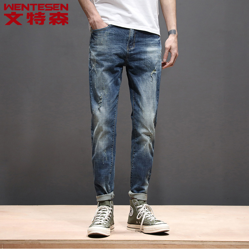 Vintson's hole jeans men make spring and autumn elastic men pants and Korean small straight foot retro jeans