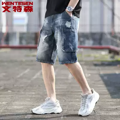 Denim shorts men's loose leisure summer new Korean trend hole five-point pants Men's Youth Tide brand five-point pants