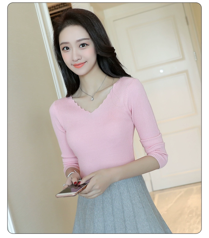 Mùa xuân 2018 mới của phụ nữ cổ chữ V co giãn đan áo thun mỏng thon dài tay áo len thủy triều