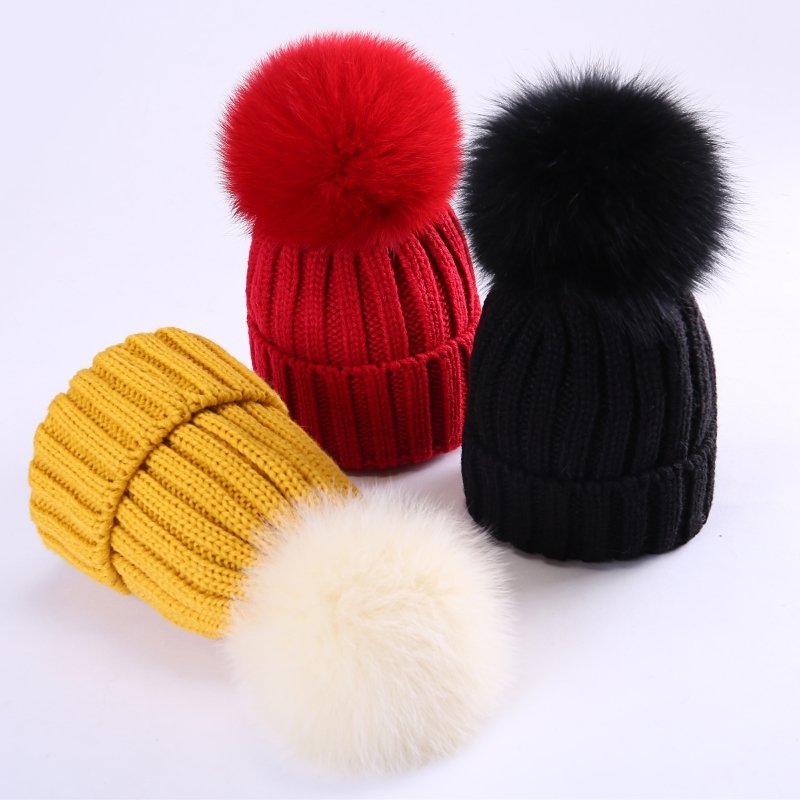 Children's autumn and winter Korean version boys and girls knitted wool baby hat baby plus velvet 16cm fox big hair ball tide