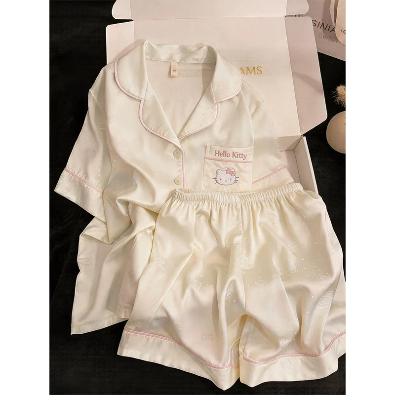 Summer New Style Ice Silk Cream Cat Print Women's Thin Pajamas with a High-End Feel, Short-Sleeved Cool Summer Loungewear Set