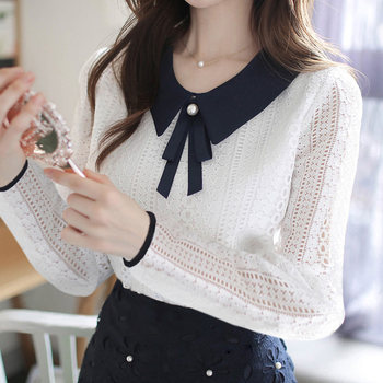 Doll Collar Lace Top Female 2022 Spring White Chiffon Shirt Western Bottoming Shirt Bow Knot Fashion Shirt Long Sleeve