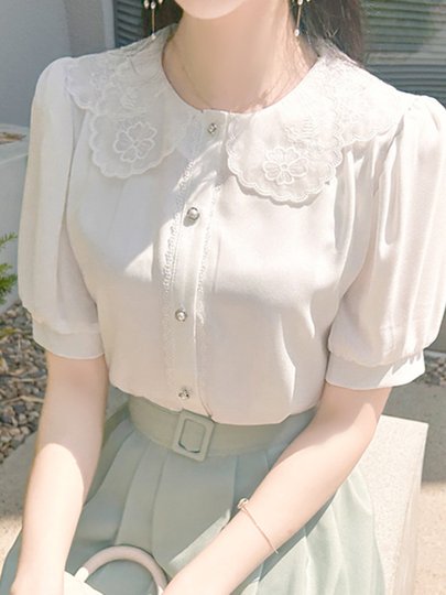 雪纺衫女短袖2025夏新款娃娃领蕾丝高级感上衣别致泡泡袖衬衫白色