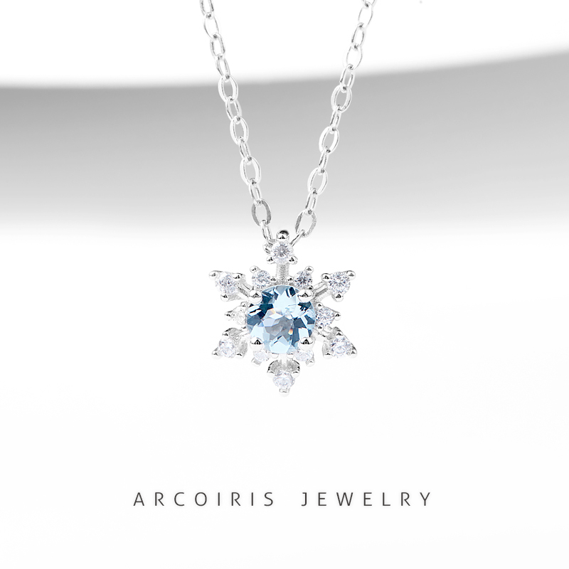 Arcoiris Natural Aquamarine Snowflake Sterling Silver Necklace Clavicle Chain Women's Original Design Student Simple Gift Arcoiris Natural Aquamarine Snowflake Sterling Silver Necklace Clavicle Chain Women's Original Design Student Simple Gift