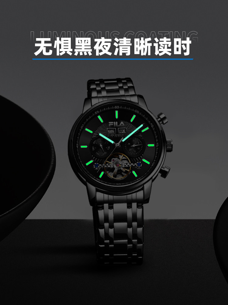 Fila Hollow Flywheel Dual Calendar Mechanical Watch with Luminous Hands Business Wristwatch Gift for Boyfriend 6706