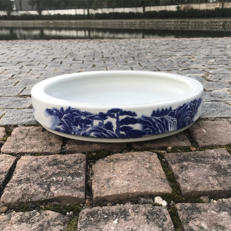 Jingdezhen blue and white porcelain basin ceramic landscape plant shallow suction stone rockery miniascape circular water stone basin
