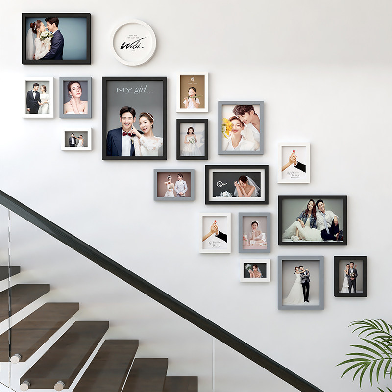 Staircase photo wall photo-frame hanging wall combination free of punch photo wall Decorative Creative Corridor Aisle Design Style-Taobao