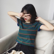 2021 new spring and summer Korean slim slim slim color striped short small student base short sleeve T-shirt female