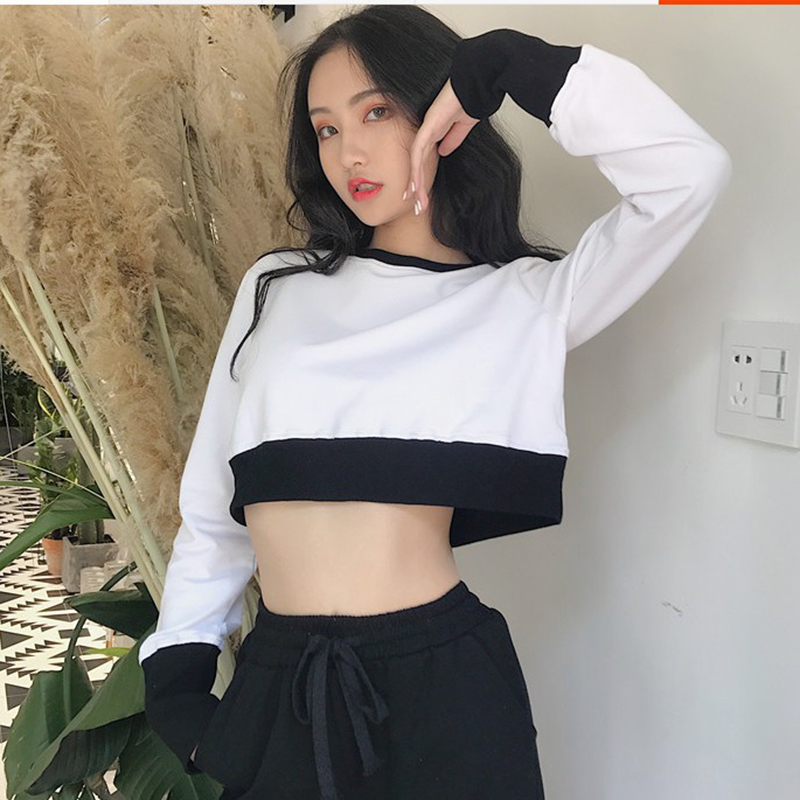 Hàn Quốc phiên bản của mùa thu lỏng mỏng cổ tròn áo sơ mi của phụ nữ hoang dã tiếp xúc với rốn áo len ngắn (lớn màu trắng Luo Wen dài tay áo ao kieu dep