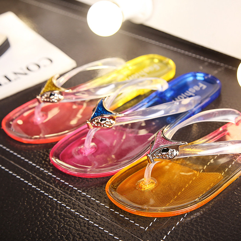 Crystal Mesh Red Blasting Style Sandals Women Summer Fashion Outside Wearing Clip herringbone Herrings Flat Bottom Beach Non-slip Student Korean Version