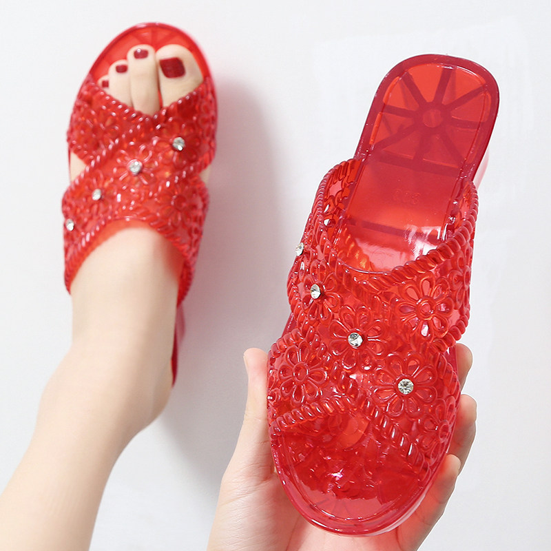 Crystal mesh Red bursting with cool slippers female summer Fashion outside wearing Mom Slope heel with high heel anti-slip jelly slippers