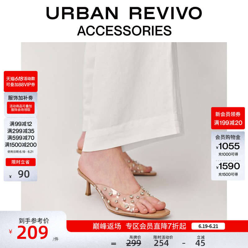 Urban Revivo2026 New Summer Style Women's Transparent Diamond-Embellished Open-Toe High-Heeled Slippers Uaws60022