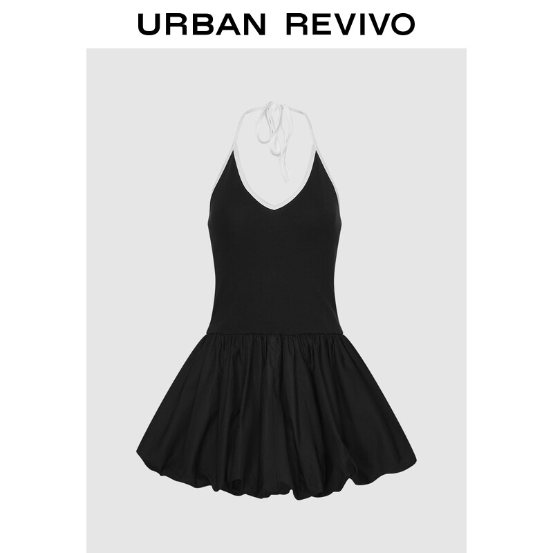 V Neck Halter Tie Back Mini Dress Contrast Trim Ruffle Hem Gathered Flared Casual Women Dress ราคา 1,597 บาท*ส่งฟรี