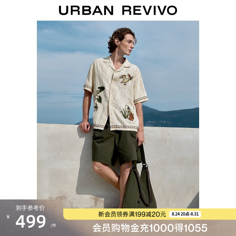 Ur2026 New Autumn Men's Clothing with Fun Tropical Prints, Linen Resort-Style Open-Front Short Shirt Uml260043