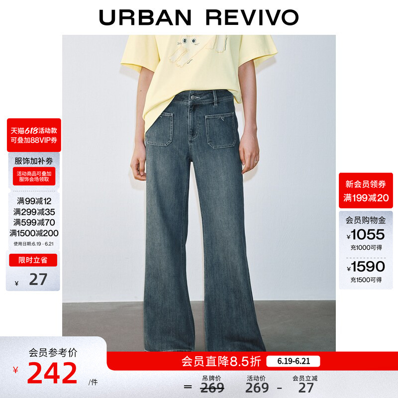Ur2026 New Summer Women's Casual Washed Denim Flared Pants with Bow Patch Pockets Uyy860165