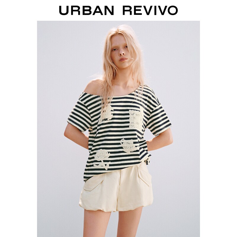 Boat Off Shoulder Horizontal Striped Multi Lace Patchwork Loose Fit Soft Knit Relaxed Casual Top ราคา 1,490 บาท*ส่งฟรี