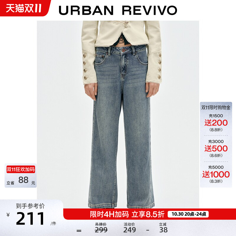 Ur2026 New Autumn Women's Clothing Retro Washed Lyocell Whiskered Wide-Leg Denim Pants Uyy860302
